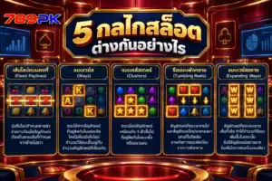 เปรียบเทียบกลไกเกมสล็อต 5 แบบ ได้แก่ เส้นไลน์ เวย์ คลัสเตอร์ รีลพังทลาย และเวย์ขยาย