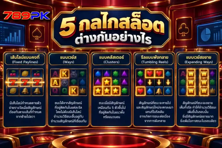 เปรียบเทียบกลไกเกมสล็อต 5 แบบ ได้แก่ เส้นไลน์ เวย์ คลัสเตอร์ รีลพังทลาย และเวย์ขยาย